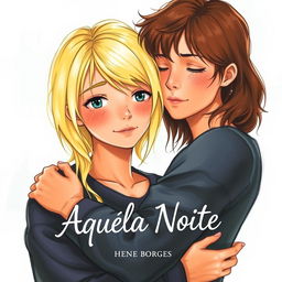 Two young adults embracing, one blonde who is crying and the other is brunette, in a realistic drawing style