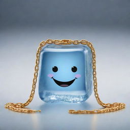 A cartoon-styled, lively ice cube proudly wearing a shiny gold chain, creating a fun and whimsical image.