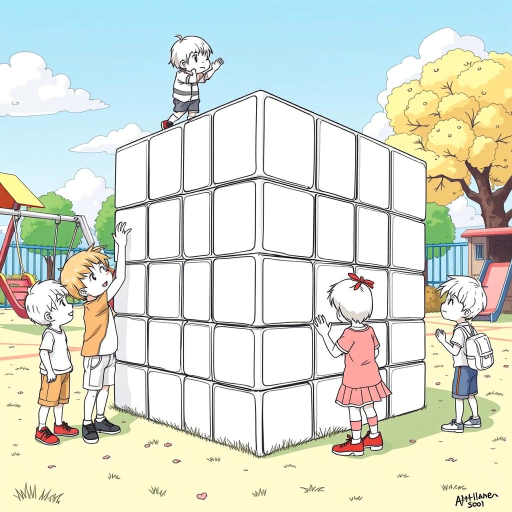 A surreal, fictional scene for a coloring page where a group of boys and girls are gathered around a giant Rubik's cube at school