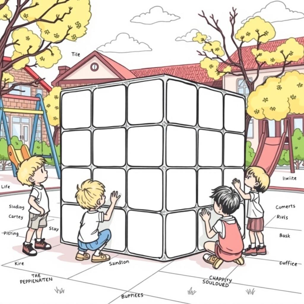 A surreal, fictional scene for a coloring page where a group of boys and girls are gathered around a giant Rubik's cube at school