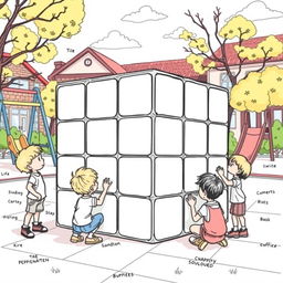 A surreal, fictional scene for a coloring page where a group of boys and girls are gathered around a giant Rubik's cube at school