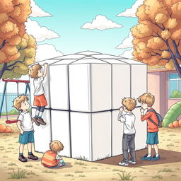 A surreal, fictional scene for a coloring page where a group of boys and girls are gathered around a giant Rubik's cube at school