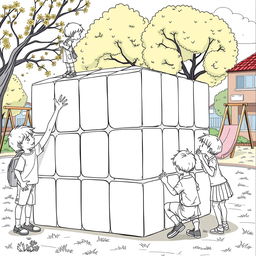 A surreal, fictional scene for a coloring page where a group of boys and girls are gathered around a giant Rubik's cube at school