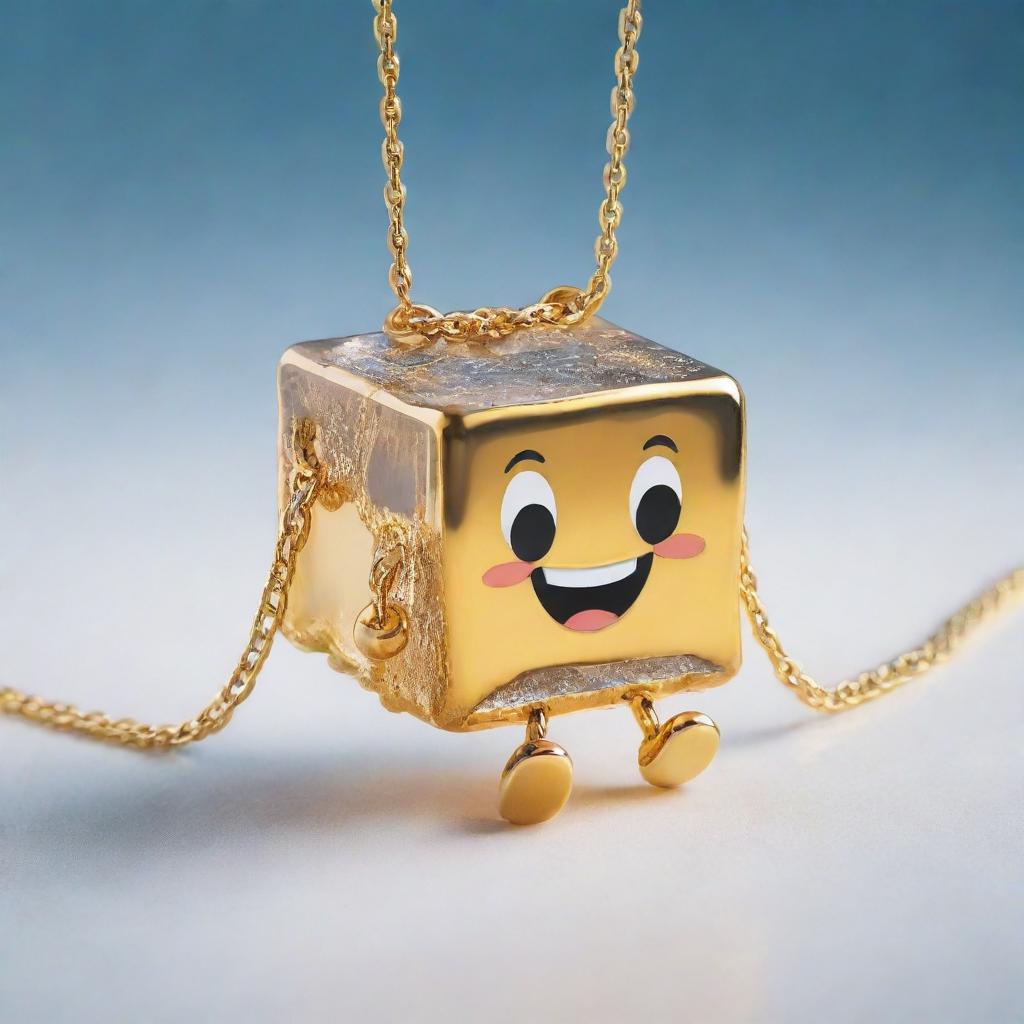 A cartoon-styled, lively ice cube proudly wearing a shiny gold chain, creating a fun and whimsical image.