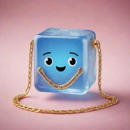 A cartoon-styled, lively ice cube proudly wearing a shiny gold chain, creating a fun and whimsical image.