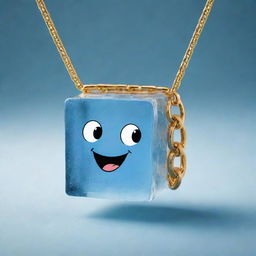 A cartoon-styled, lively ice cube proudly wearing a shiny gold chain, creating a fun and whimsical image.