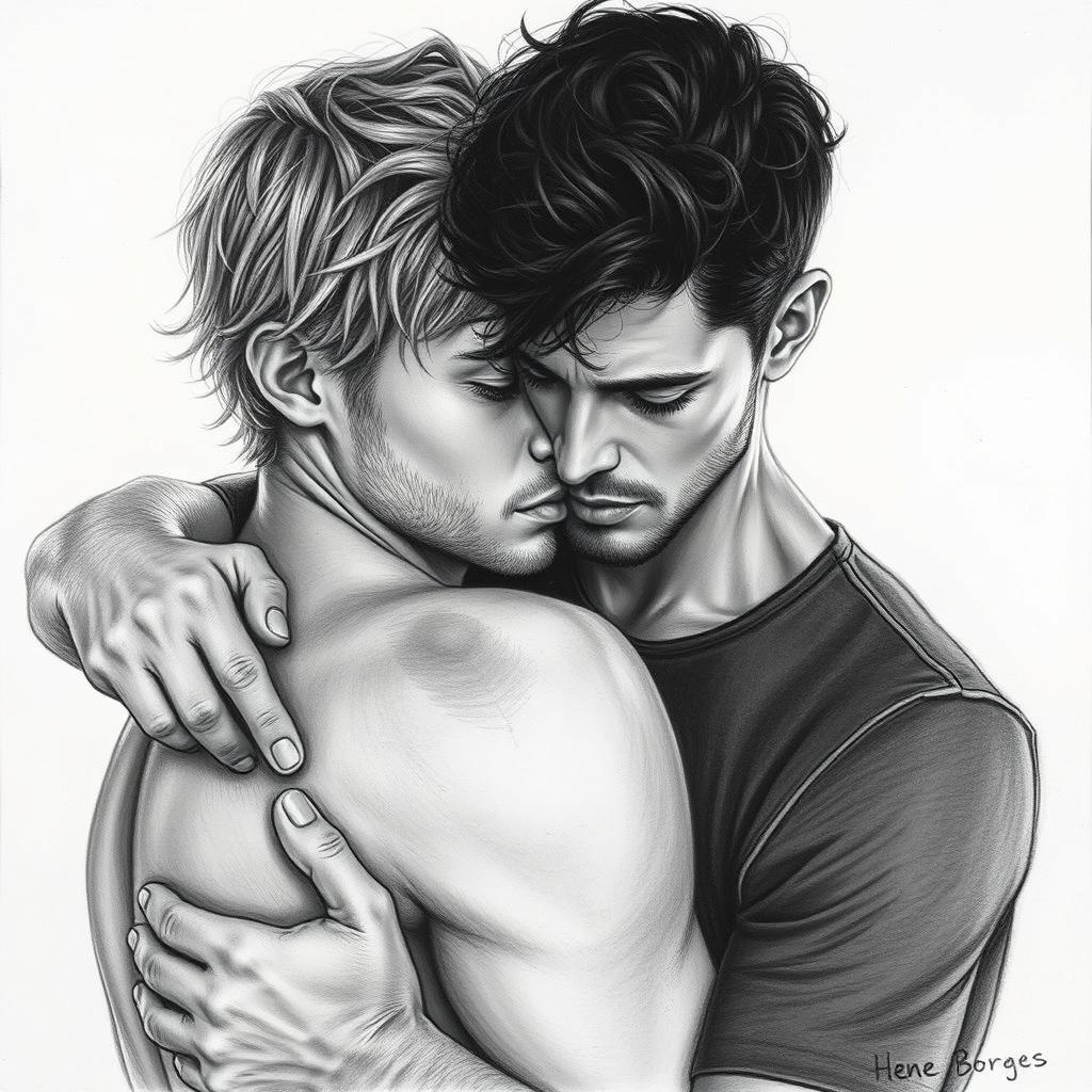 A hyper-realistic drawing of two men embracing, one with blonde hair and the other with dark hair