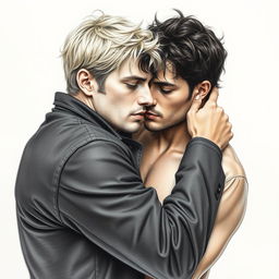 A hyper-realistic drawing of two men embracing, one with blonde hair and the other with dark hair