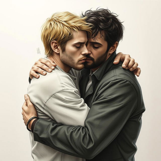 A hyper-realistic drawing of two men embracing, one with blonde hair and the other with dark hair