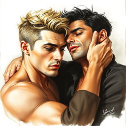 A hyper-realistic drawing of two men embracing, one with blonde hair and the other with dark hair