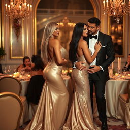 Amidst an opulent dinner party setting, two sexy couples exude elegance and allure, capturing the essence of a romantic double date with passion simmering between them