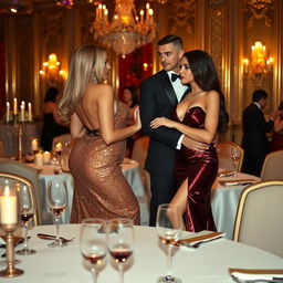 Amidst an opulent dinner party setting, two sexy couples exude elegance and allure, capturing the essence of a romantic double date with passion simmering between them