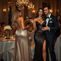 Set in an exquisite dinner party, two sexy couples radiate charm and elegance, perfectly embodying the essence of a romantic double date filled with passion