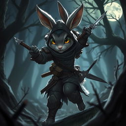 A dynamic scene featuring a Harengon rogue character, an anthropomorphic rabbit with agile and nimble features