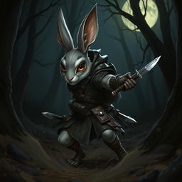 A dynamic scene featuring a Harengon rogue character, an anthropomorphic rabbit with agile and nimble features