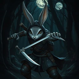 A dynamic scene featuring a Harengon rogue character, an anthropomorphic rabbit with agile and nimble features