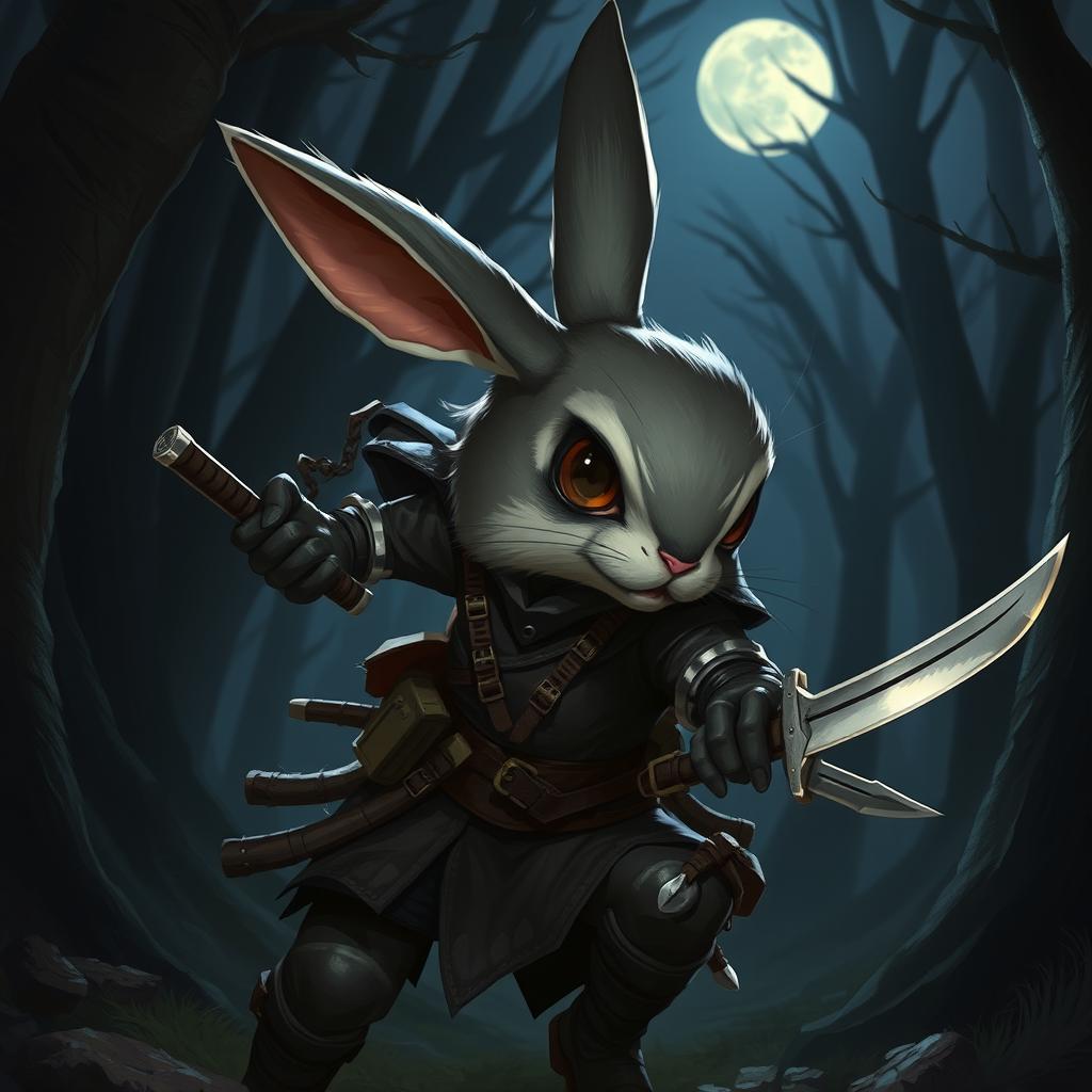 A dynamic scene featuring a Harengon rogue character, an anthropomorphic rabbit with agile and nimble features