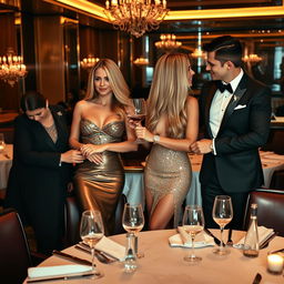 Inside an upscale restaurant, two sexy couples exude charm and sophistication during a romantic double date where passion builds subtly