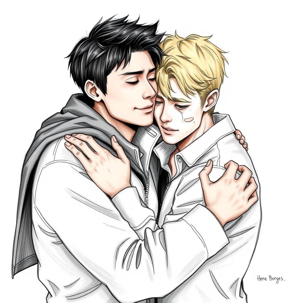 A realistic drawing of two men embracing