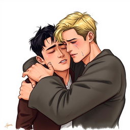 A realistic drawing of two men embracing