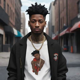 Create a stylized anime character inspired by the rapper 21 Savage including his distinctive hairstyle, tattoos, and outfit. Set in a dynamic urban environment.