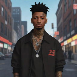 Create a stylized anime character inspired by the rapper 21 Savage including his distinctive hairstyle, tattoos, and outfit. Set in a dynamic urban environment.