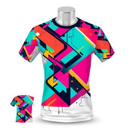 A stylish and trendy T-shirt design featuring an abstract geometric pattern with vibrant colors and modern aesthetics