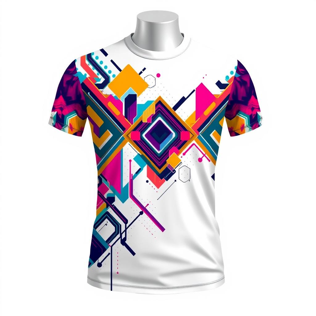 A stylish and trendy T-shirt design featuring an abstract geometric pattern with vibrant colors and modern aesthetics