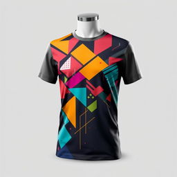 A stylish and trendy T-shirt design featuring an abstract geometric pattern with vibrant colors and modern aesthetics