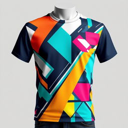 A stylish and trendy T-shirt design featuring an abstract geometric pattern with vibrant colors and modern aesthetics