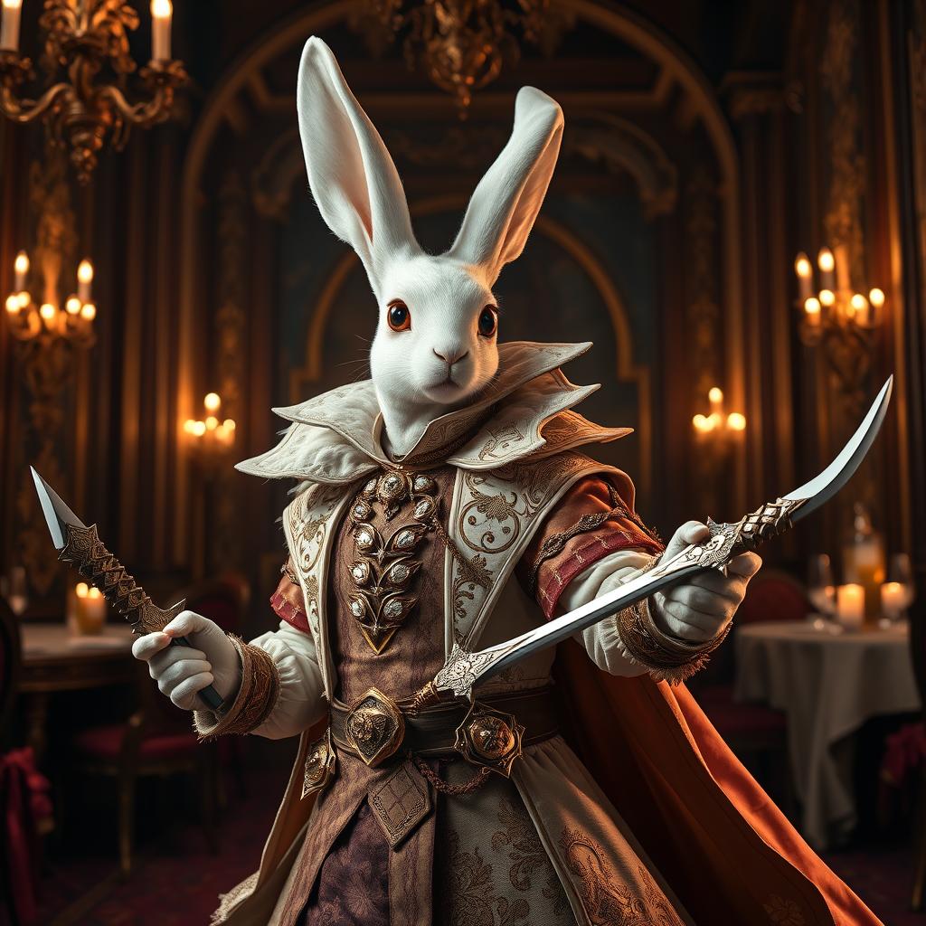 A striking scene featuring a White Harengon rogue character, an anthropomorphic rabbit exuding elegance and sophistication