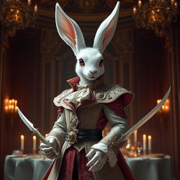 A striking scene featuring a White Harengon rogue character, an anthropomorphic rabbit exuding elegance and sophistication