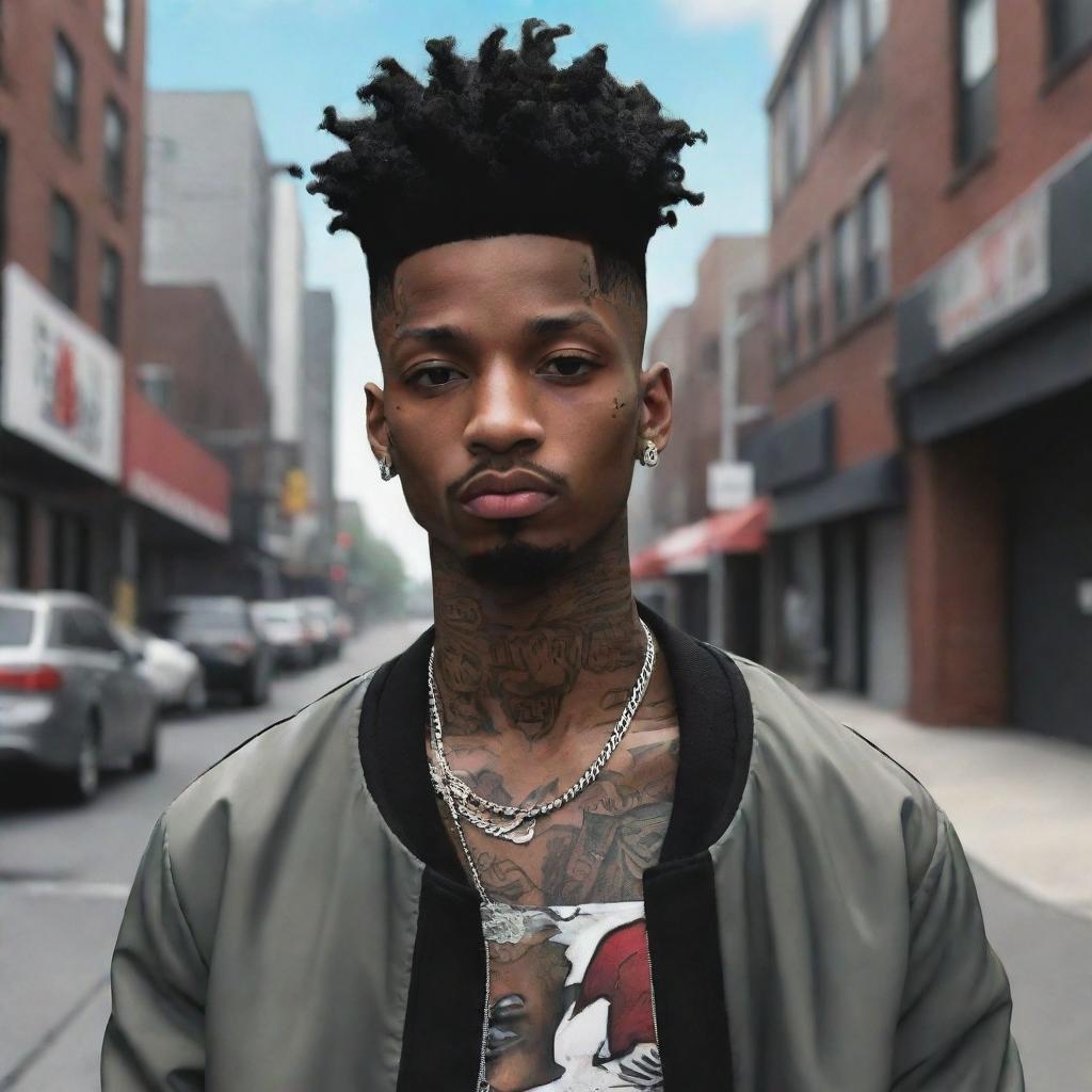 Create a stylized anime character inspired by the rapper 21 Savage including his distinctive hairstyle, tattoos, and outfit. Set in a dynamic urban environment.