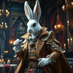 A striking scene featuring a White Harengon rogue character, an anthropomorphic rabbit exuding elegance and sophistication