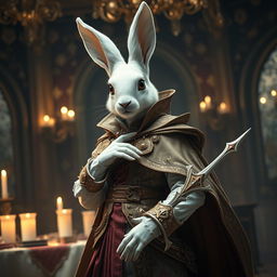 A striking scene featuring a White Harengon rogue character, an anthropomorphic rabbit exuding elegance and sophistication