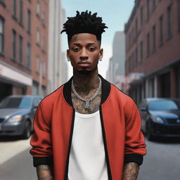 Create a stylized anime character inspired by the rapper 21 Savage including his distinctive hairstyle, tattoos, and outfit. Set in a dynamic urban environment.