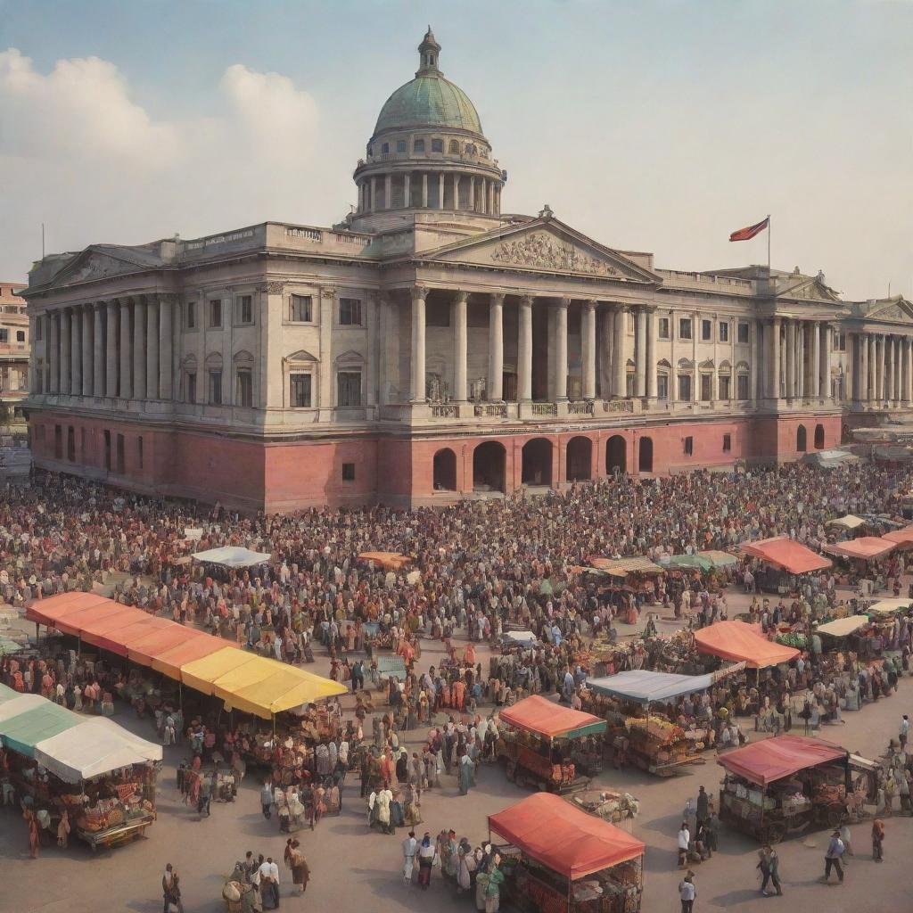 Generate an image depicting a grand government building, bustling market with various traders, and people thriving in balanced harmony to illustrate the importance of government and market.