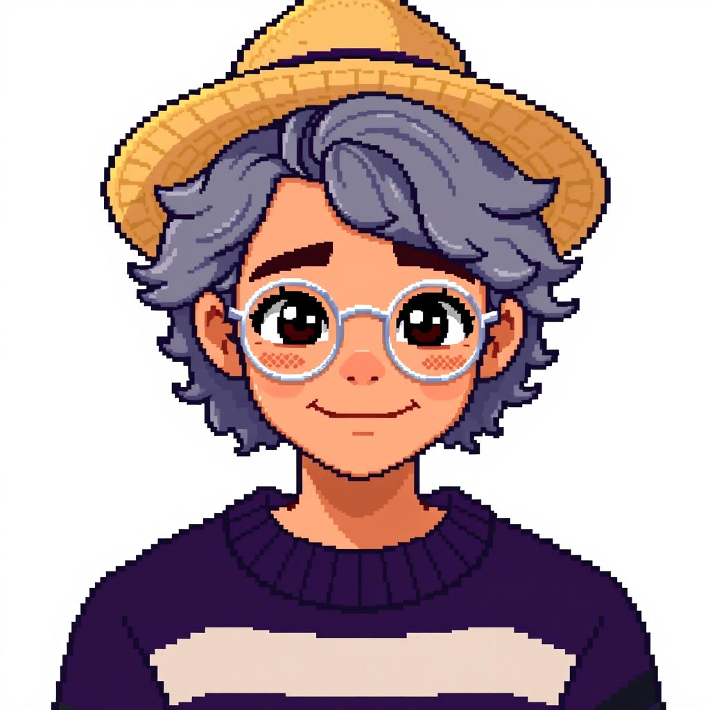 Pixel art of a 22-year-old masculine character with shoulder-length curly gray hair, wearing a straw hat and silver round glasses