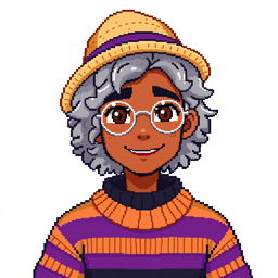 Pixel art of a 22-year-old masculine character with shoulder-length curly gray hair, wearing a straw hat and silver round glasses