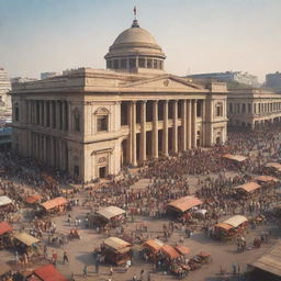 Generate an image depicting a grand government building, bustling market with various traders, and people thriving in balanced harmony to illustrate the importance of government and market.