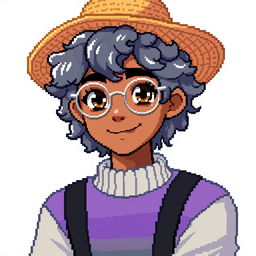 Pixel art of a 22-year-old masculine character with shoulder-length curly gray hair, wearing a straw hat and silver round glasses