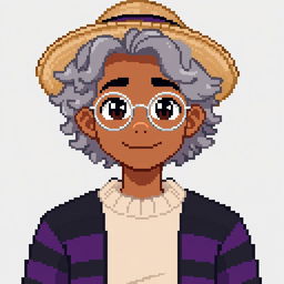 Pixel art of a 22-year-old masculine character with shoulder-length curly gray hair, wearing a straw hat and silver round glasses