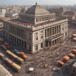 Generate an image depicting a grand government building, bustling market with various traders, and people thriving in balanced harmony to illustrate the importance of government and market.