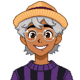 Pixel art of a 22-year-old masculine character with shoulder-length curly gray hair, wearing a straw hat and silver round glasses