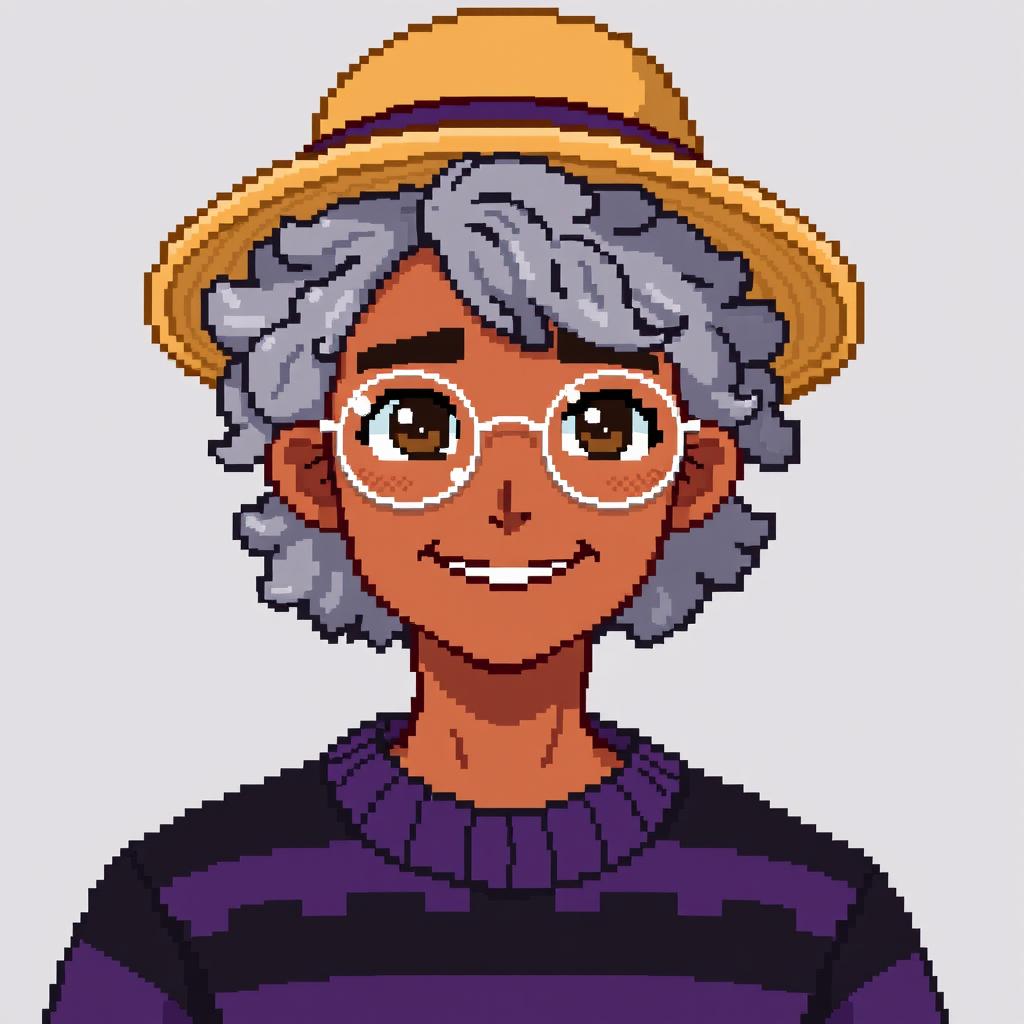 Pixel art of a 22-year-old masculine character with shoulder-length curly gray hair, wearing a straw hat and silver round glasses