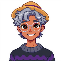 Pixel art of a 22-year-old masculine character with shoulder-length curly gray hair, wearing a straw hat and silver round glasses