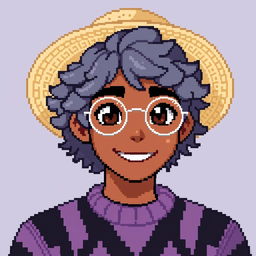 Pixel art of a 22-year-old masculine character with shoulder-length curly gray hair, wearing a straw hat and silver round glasses