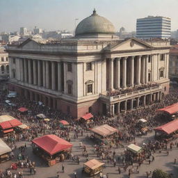 Generate an image depicting a grand government building, bustling market with various traders, and people thriving in balanced harmony to illustrate the importance of government and market.