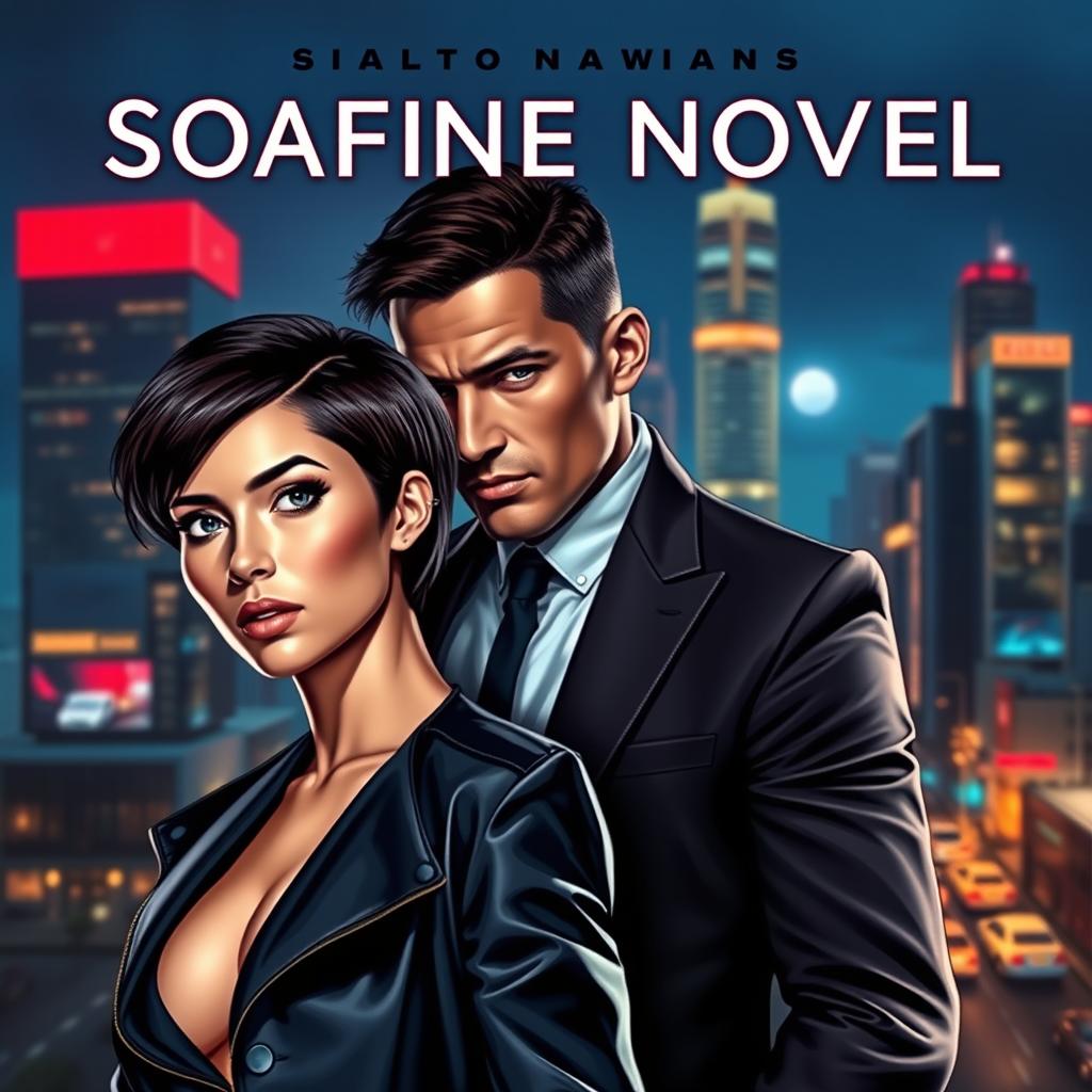 A captivating cover for a novel featuring a short-haired woman and a tall man in a dramatic pose