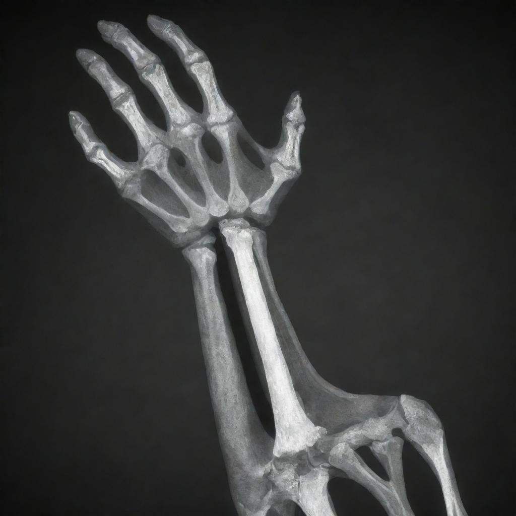 Detailed CT scan of a human right arm including bones and tissues with a white and dark grayscale palette.